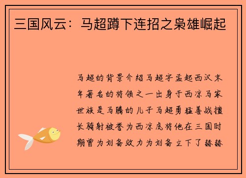三国风云：马超蹲下连招之枭雄崛起